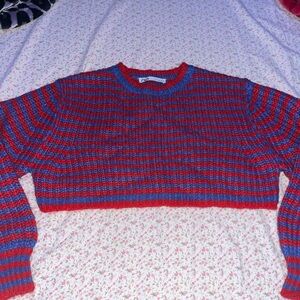 the cutest vibrant striped red and blue Zara cropped sweater😍😍